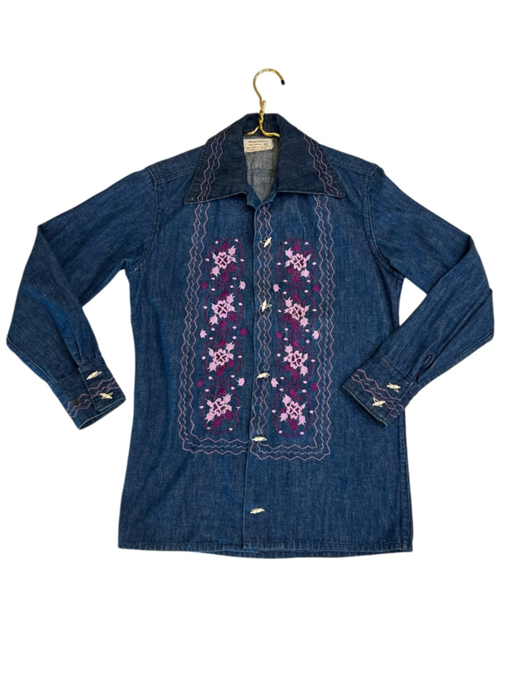 Vintage 70s Embroidered Denim Shirt Western Boho Floral Cotton - Picture 3 of 10